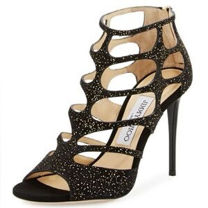 Jimmy Choo Ren Suede Caged‎ Heels Black Metallic Gold Speckle Sandals Size 39.5